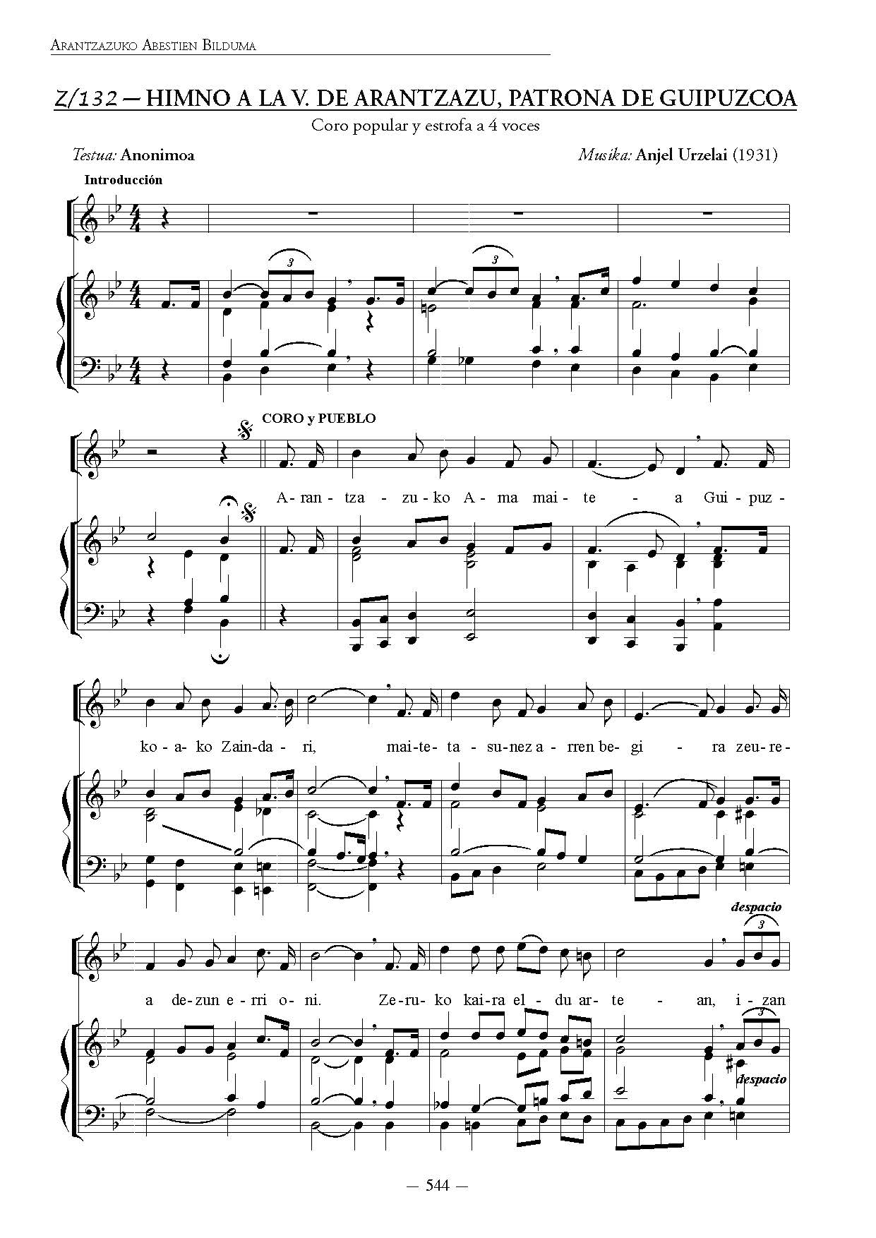 Himno a la Virgen de Arantzazu, Patrona de Guipúzcoa (1931)